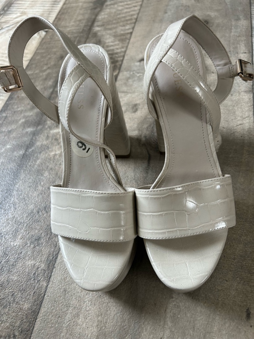 Guess Cream Croc-Embossed Platform Heels with Ankle Strap